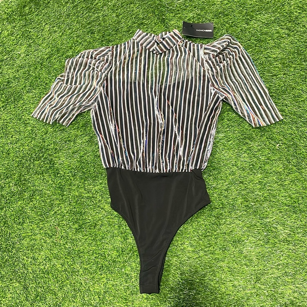 Ladies sheer mock neck bodysuit/leotard with multi colored metallic stripes.